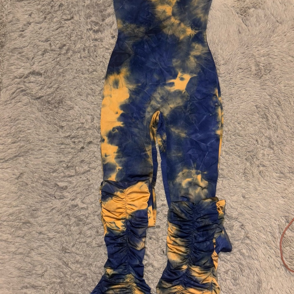 Fashion Nova Blue and Yellow Tie-Dye Jumpsuit